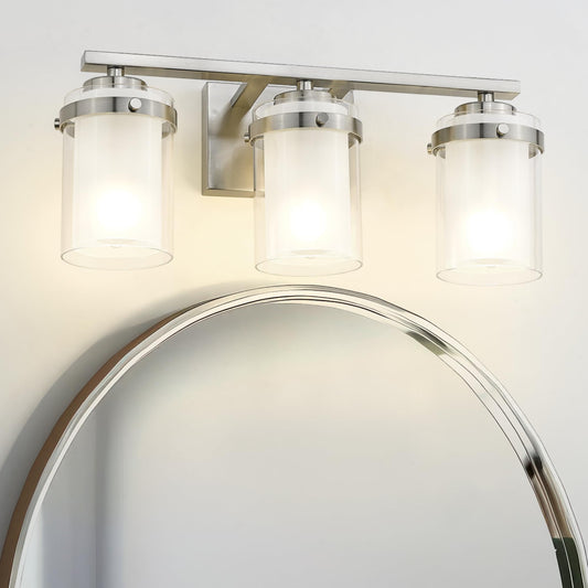 kudos 3-Light 18-inch Bathroom Light Fixtures Over Mirror, Brushed Nickel Vanity Lights with Dual Glass Shade, Wall Sconce, Modern Vanity Lights for Bathroom, Hallway, KDVL15-BN-3