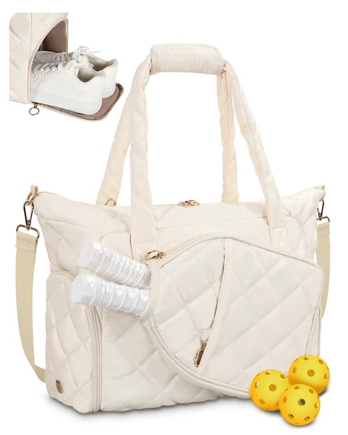 ESTARER Pickleball Bag, Pickleball Tote Bag with Shoe Compartment for Women Large Pickle ball Paddle Storage & Fence Hook (Off White)