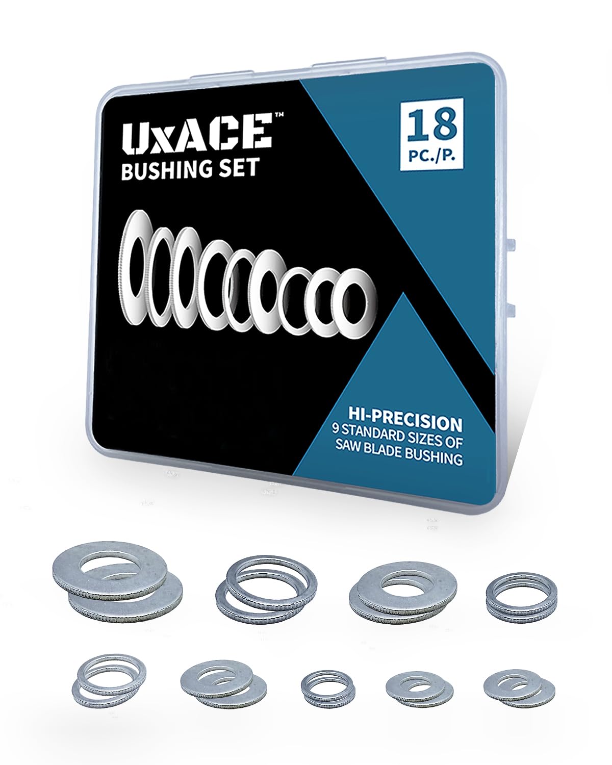 UXACE Saw Blade Bushing Set, Adapter Ring Kit, Arbor Spacer Combination, Reduction Ring Bundle, 9 General Sizes for Circular Saw Blade, Diamond Blade on Circular Saw, Angle Grinder, 18 Pack