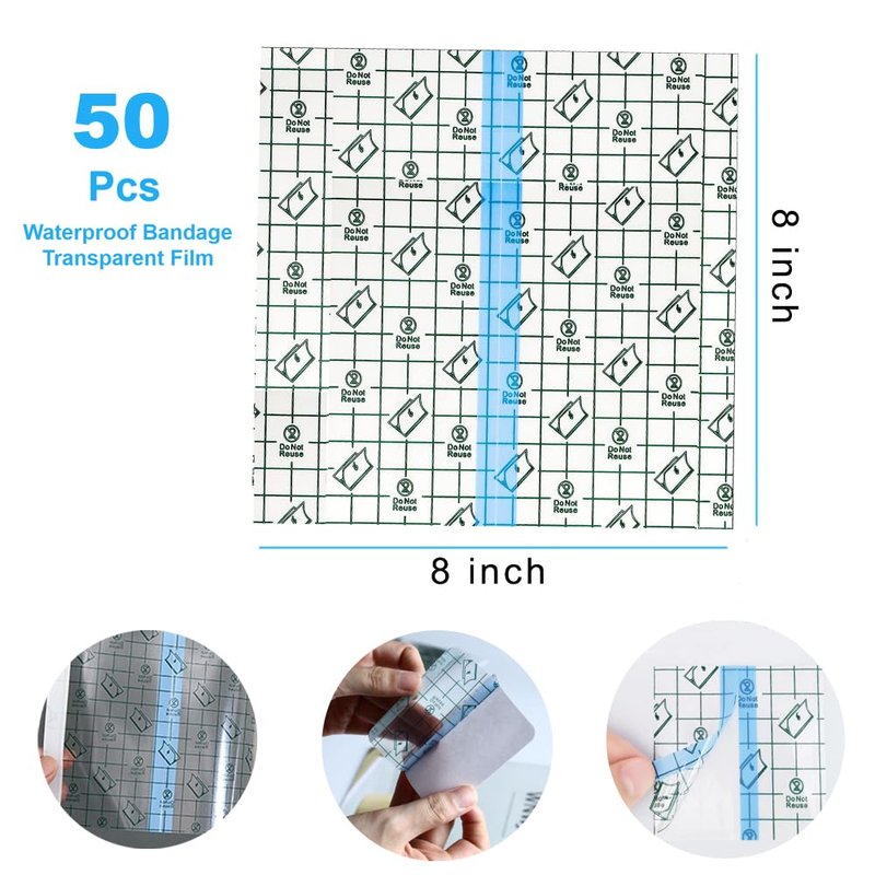 OBTANIM 50 Sheet Transparent Waterproof Stretch Adhesive Bandage Clear Film Dressing Bandages Tape Cover for Tattoo Shower Swimming Protector (8 x 8 Inch)