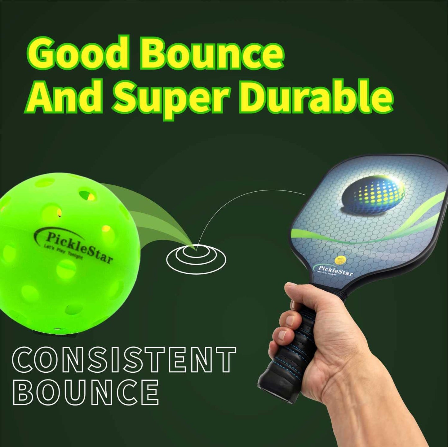 PickleStar LED Light Up Pickleball Balls, Offcial Size Outdoor 40 Holes Green PickleBalls with Green Light 4 Pack LED Light Up Pickle Balls, 6 Batteries Included, for Pickleball Lovers