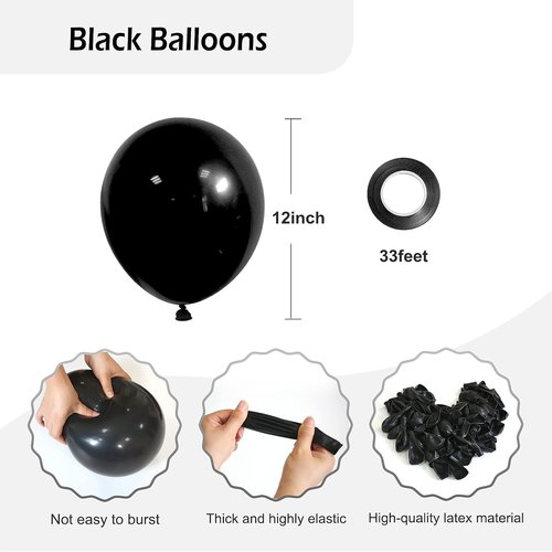 FOTIOMRG Black Balloons - 12-Inch Latex Party Balloons for Birthdays, Graduations & More | 50-Pack with Ribbon