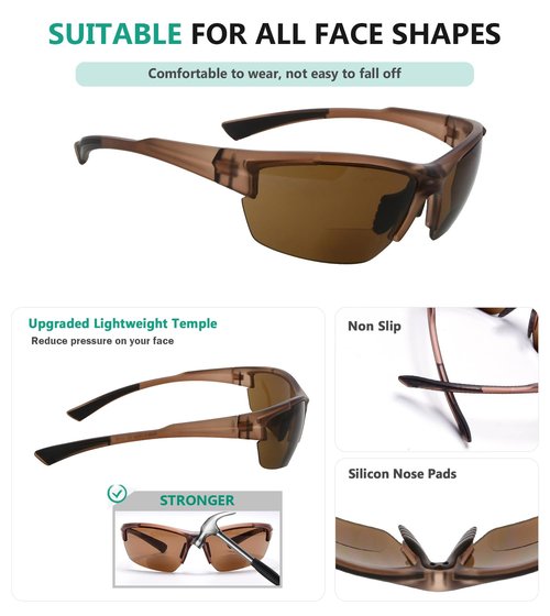 Eyekepper TR90 Sports Half-Rimless Bifocal Sunglasses Baseball Running Fishing Driving Golf Softball Hiking Readers (Matte Brown, 1.50)