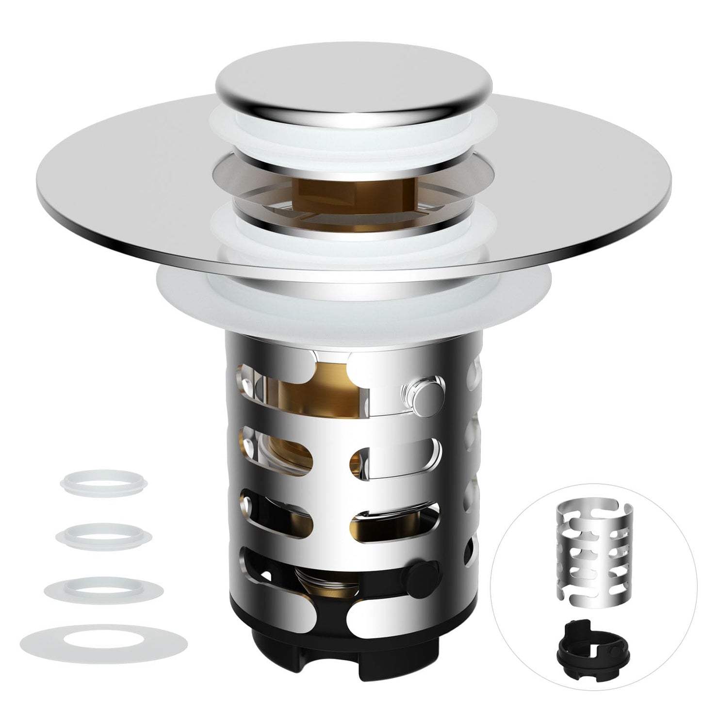 iFealClear Upgraded 4-in-1 Bathroom Sink Drain Stopper Hair Catcher, Universal Pop Up Strainer with 2-Layer Removable Stainless Steel Filter Basket, Anti-clog Sink Plug for 1.1"-2.36" US Basin, Chrome