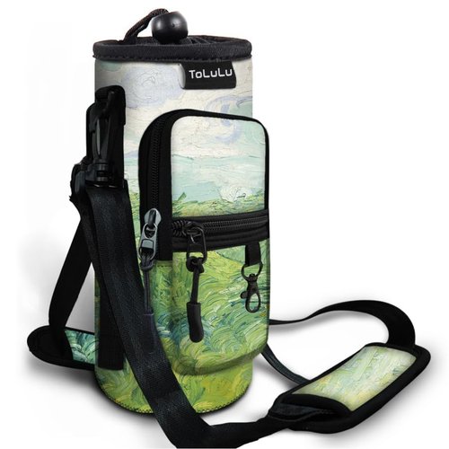 25/32/40oz Water Bottle Carrier Bag With Pocket, Crossbody Insulated Neoprene Adjustable Shoulder Strap Water Bottle Pouch Case, Water Bottle Holder Sling Sleeve for Walking Hiking, 40oz Green Theme