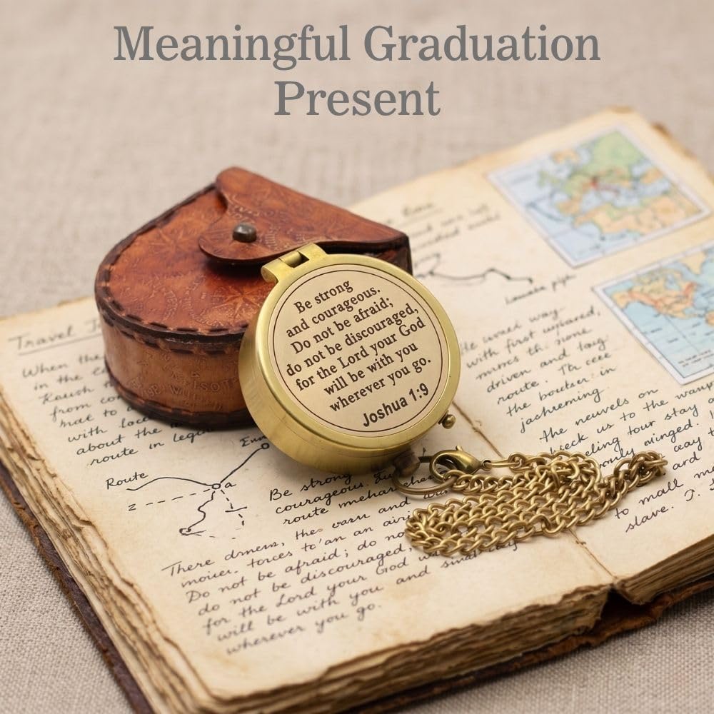 Be Strong and Courageous Compass – Joshua 1:9 Scripture Engraved – Solid Brass Pocket Compass with Leather Case – Christian Gift for Men, Son, Husband, Graduation, Travel Keepsake