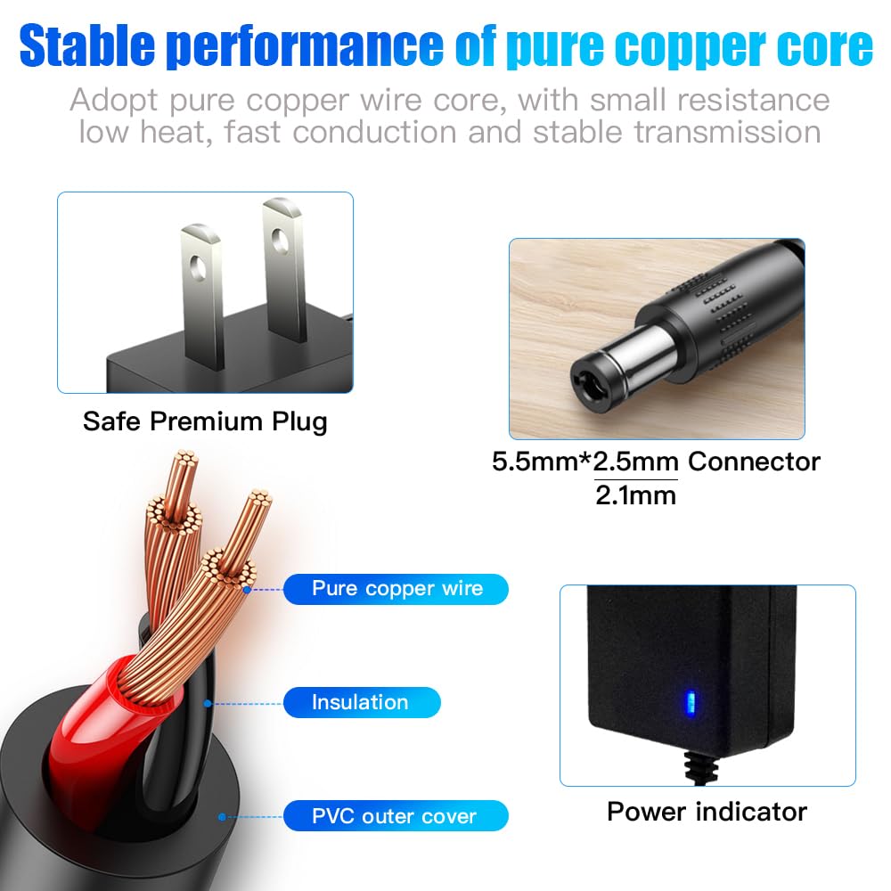 10FT 12V 3A AC Adapter 12Volt Power Supply Charger Cord 100-240V AC to DC 12 Volt 3 Amp for LED Strip Lights CCTV BT Speaker DC12V Charger 3M