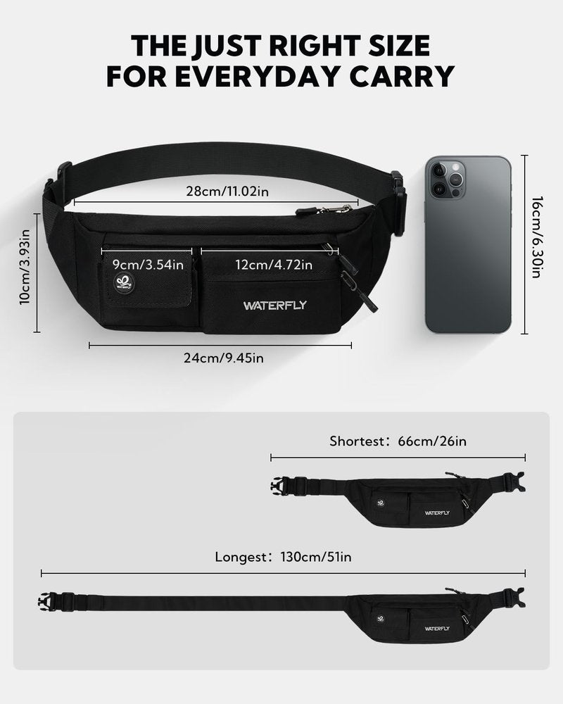 WATERFLY Small Crossbody Fanny Pack: 5 Pocket Slim Lightweight Waist Belt Hip Bag for Women Men Water Resistant Chest Pouch for Travel Hiking Running Walking Fit All Phones - Black