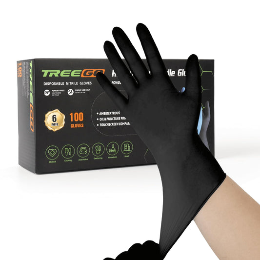 TREEGO 6 Mil Black Nitrile Gloves Large – Heavy Duty Disposable Latex & Powder Free, Chemical Resistant, Textured Grip for Industrial, Mechanic, Food Handling – 100 Count