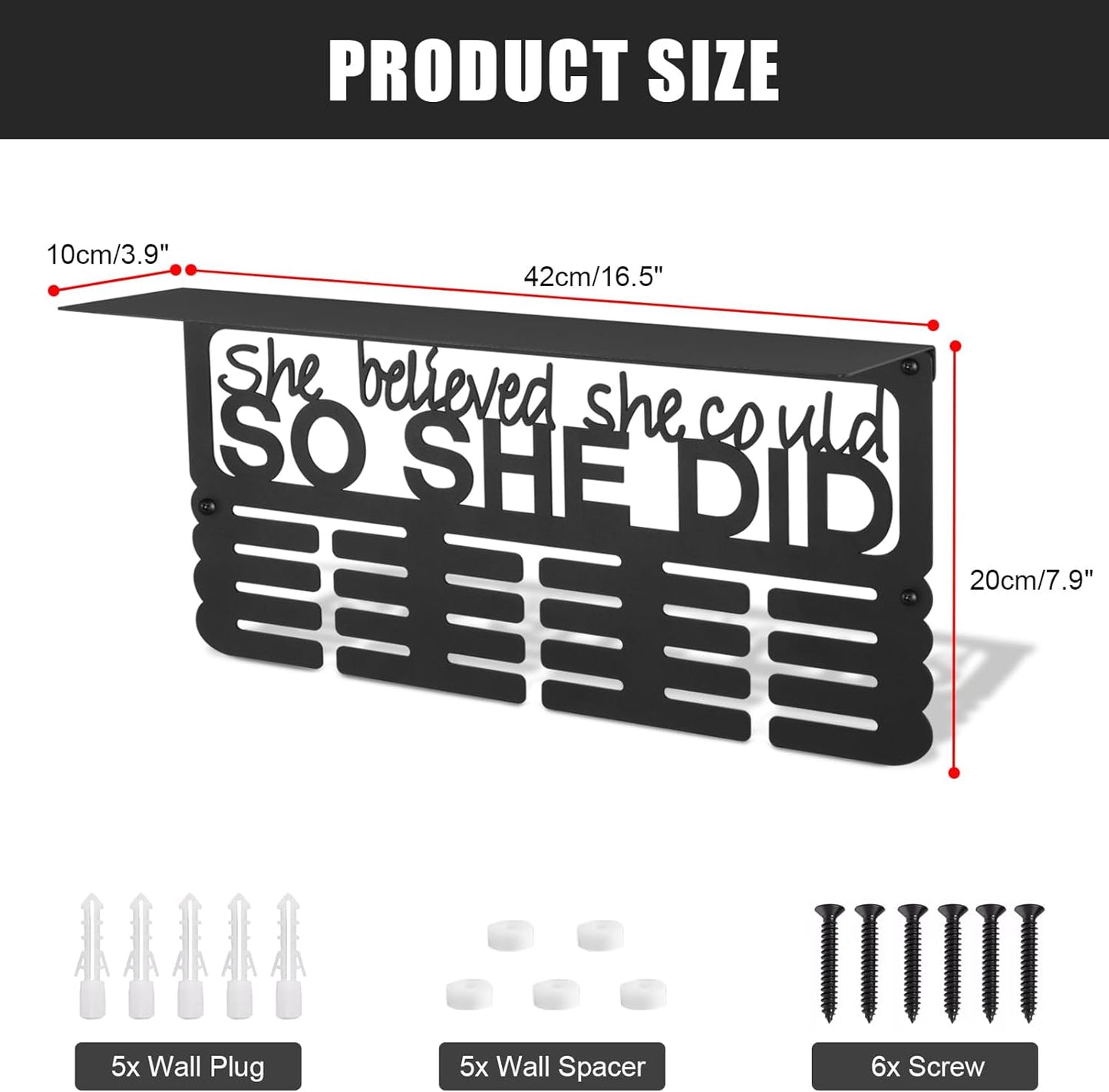 Medal Hanger Display with Trophy Shelf, Upgraded Sports Medal Holder Trophy Display Shelf Ribbon Holder Simple Wall Hanger (SHE BELIEVED SHE COULD SO SHE DID)