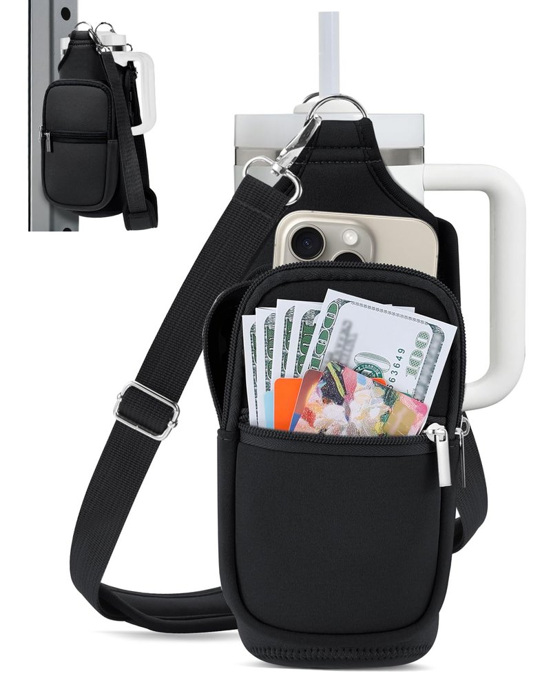 IPOW Magnetic Gym Bag Water Bottle Carrier Holder with Phone Pockets & Shoulder Strap for Men Women,Water Bottle Holder, Gym Pouch, Crossbody Bag for Travel, Sports, Work, Fitness - Black