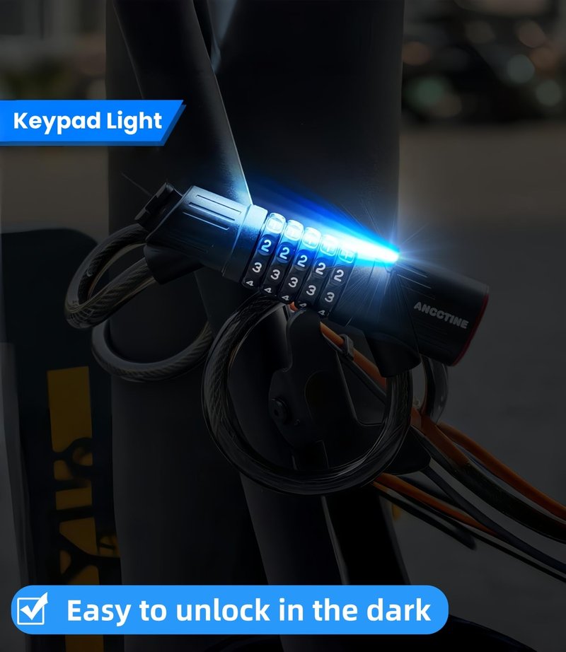 Combination Bike Lock Cable - with LED Bike Tail Light and Keypad Light, IPX6 Waterproof Heavy Duty Strong Anti-Theft 5 Digit Keyless Cable Lock, for Kids Adult Bike Accessories (4FT, Black-0.5 inch)