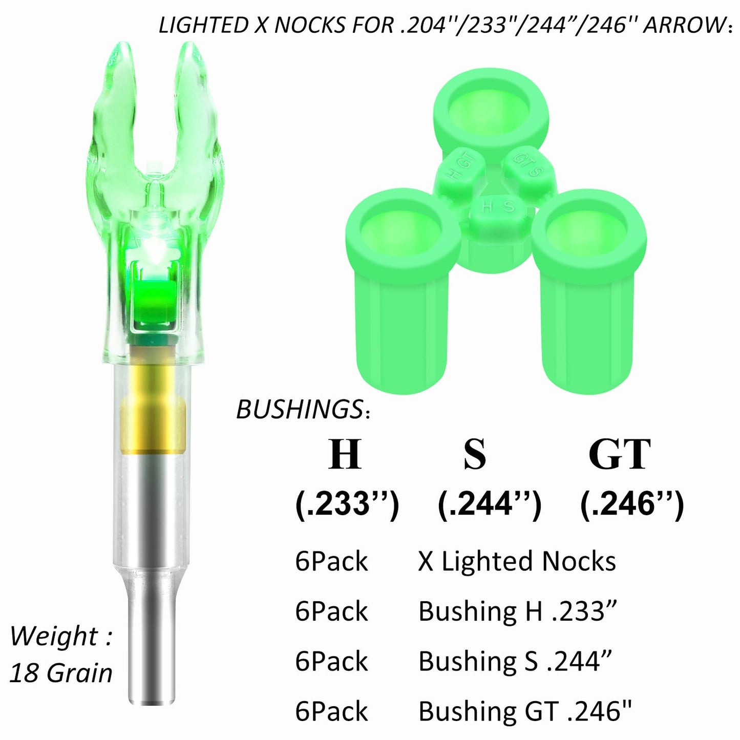 ACDSHOT 6 Pack X Lighted Nocks for Arrows with .204 .233 .244 .246 Inside Diameter with H, S, GT Bushings High Visibility Lighted Arrow Nocks