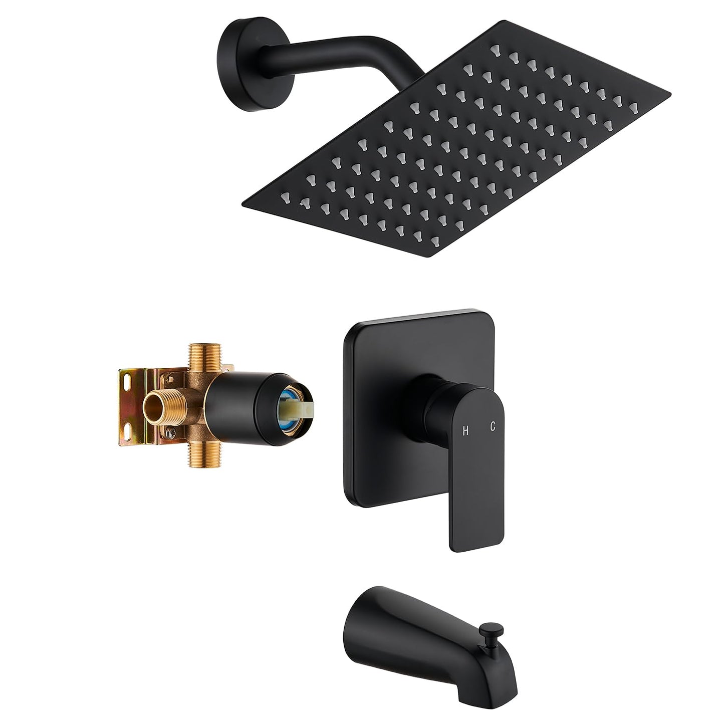 Black Tub Shower Faucet Set Complete with 8-Inch Rainfall Shower Head and Tub Spout Included Shower Valve Tub Shower Trim Kit Matte Black