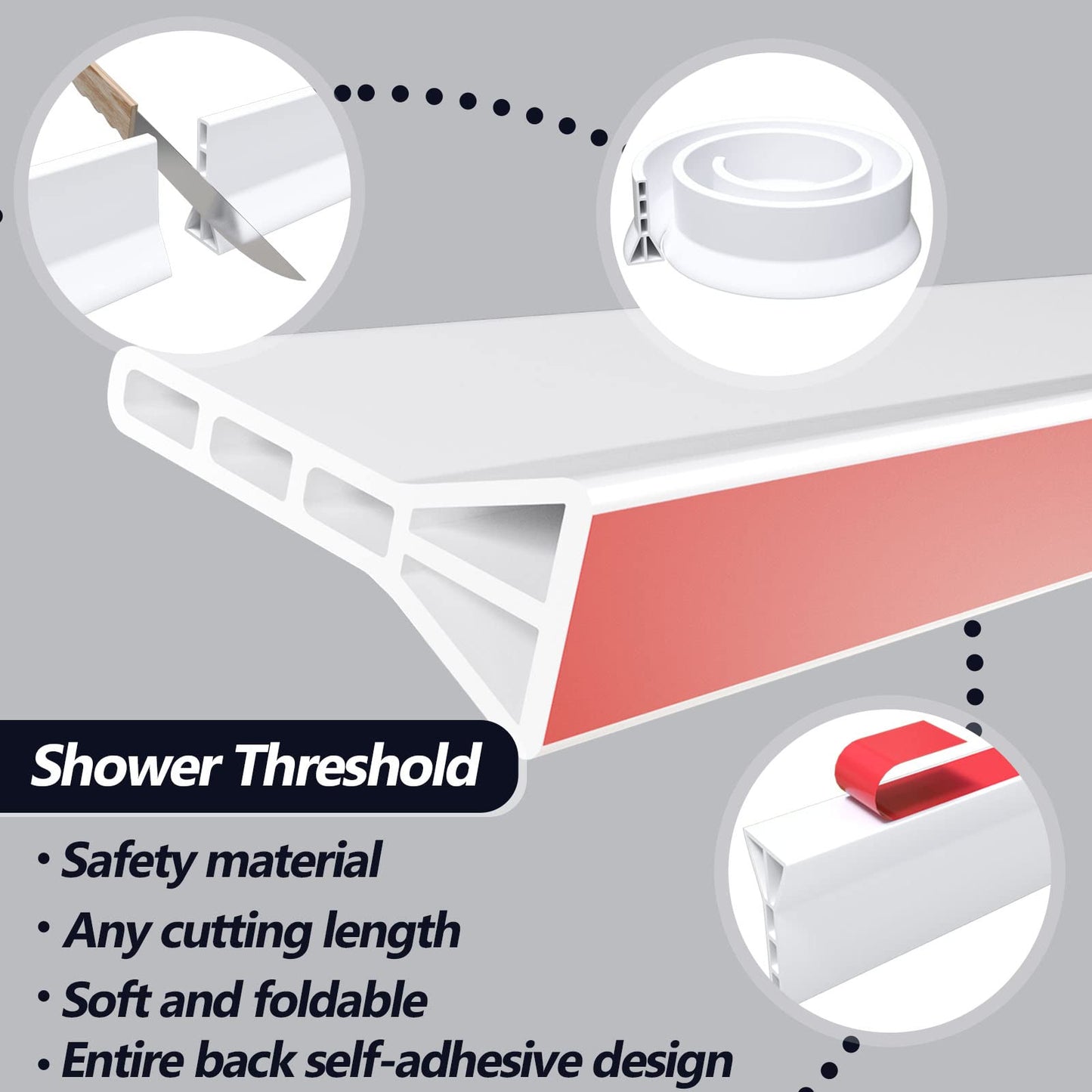 3" High Shower Threshold Water Dam 118 IN Collapsible Shower Water Splash Guard for Curbless Shower Threshold Barrier Water Stopper for Wet and Dry Separation Bathroom and Kitchen (White)