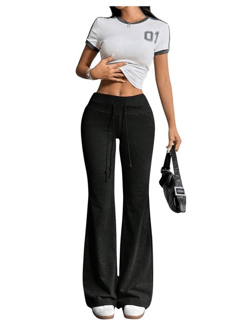 SHENHE Women's Drawstring Waist Bell Bottom Flare Leg Sweatpants Sports Causal Pants Black Small