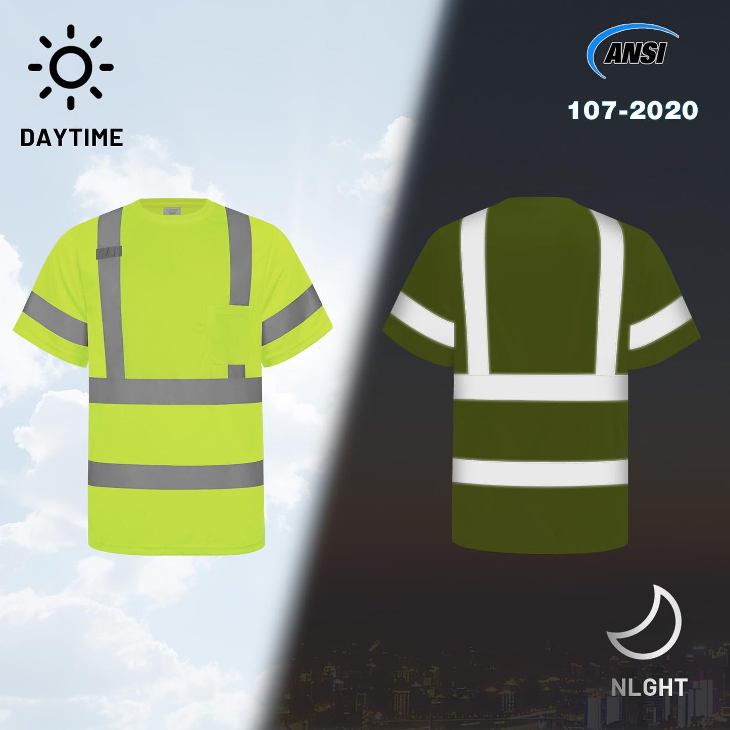 LIZMOF Hi Vis Shirts for Men, High Visibility Shirt, Safety Reflective Work Shirts for Men Women, Construction Class 3 Short Sleeve Work Shirts with Black Bottom, Yellow,XL