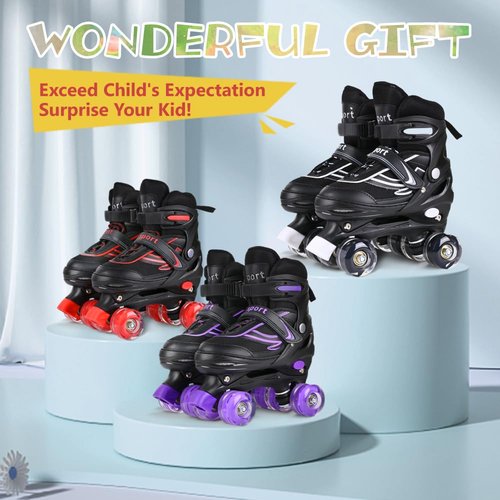 G MGY OLED Boys Roller Skates, 4 Size Adjustable Roller Skates with All Wheels Light up, Fun Illuminating Rollers Skates for Boys Skates, Black White (Youth 4-7)