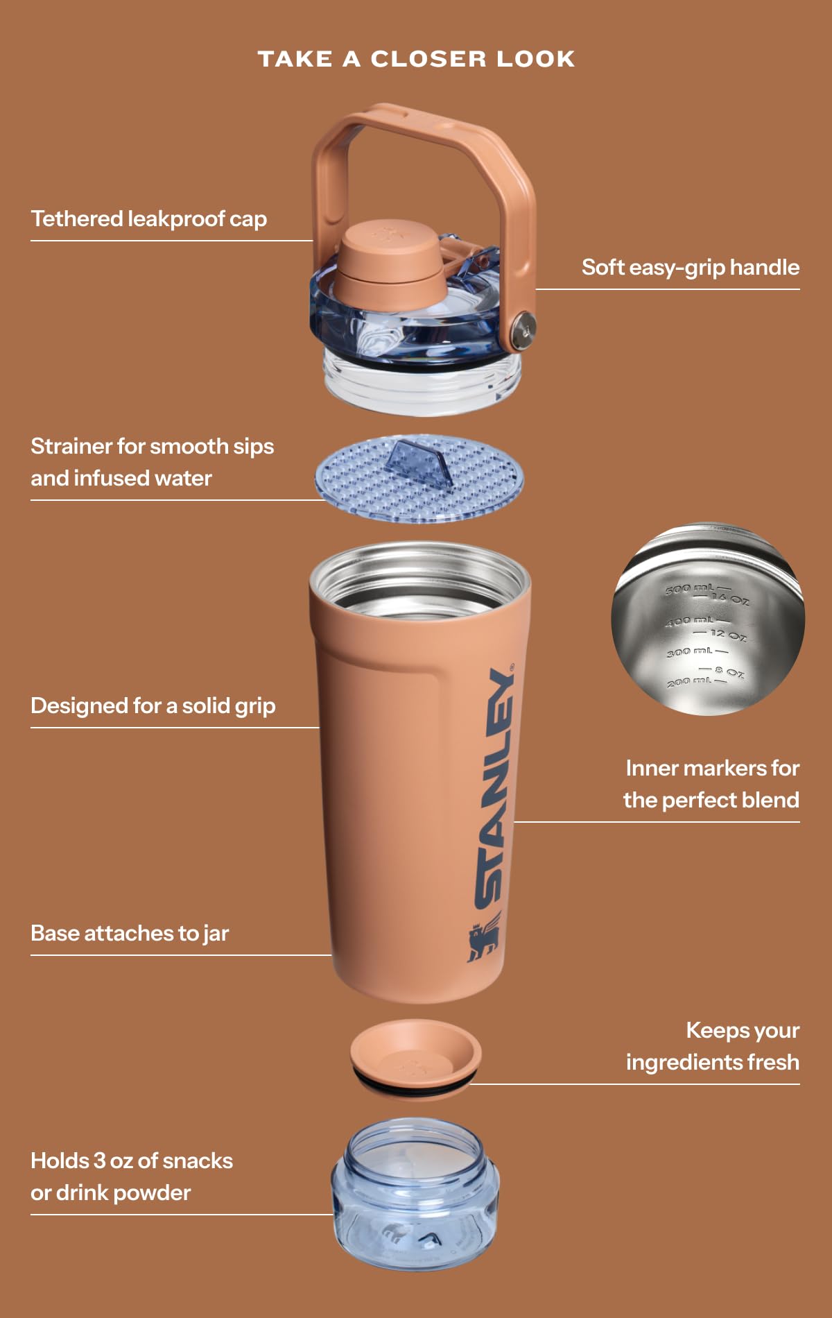 STANLEY Vitalize Shaker Bottle 20 oz | Leakproof Insulated Stainless Steel Shaker Cup | Base Storage and Twist On Fast Flow Lid | Protein Shakes and Pre Workout Powder | BPA-Free | Black