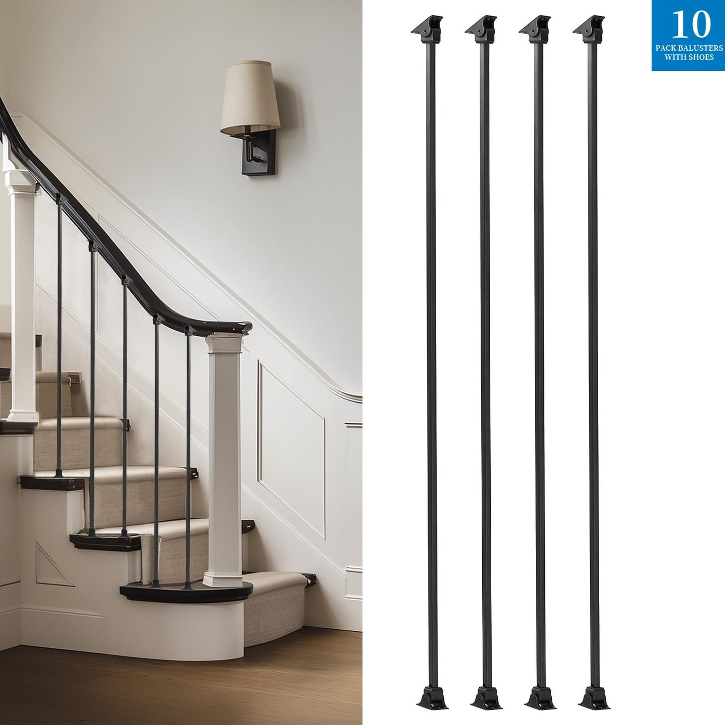 Gleefurny Balusters for Staircase Interior - Stair Railing Indoor Spindles, Iron Balusters Banister, Hollow Square, 1/2inch x 44inch, Plain Iron Balusters and Swivel Shoes (Pack of 10), Satin Black