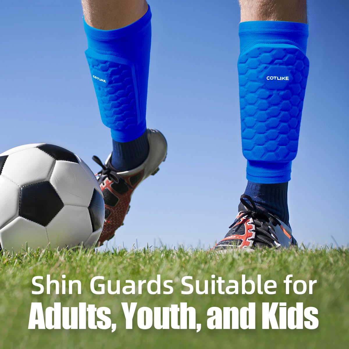 Soccer Shin Guards for Kids Youth Adults, Ski Shin Guards Sleeves for 2-18 Years Old Boys Girls Men, Calf Compression Sleeve with Honeycomb Pads, Espinilleras de Futbol para Hombres (Blue, XS)