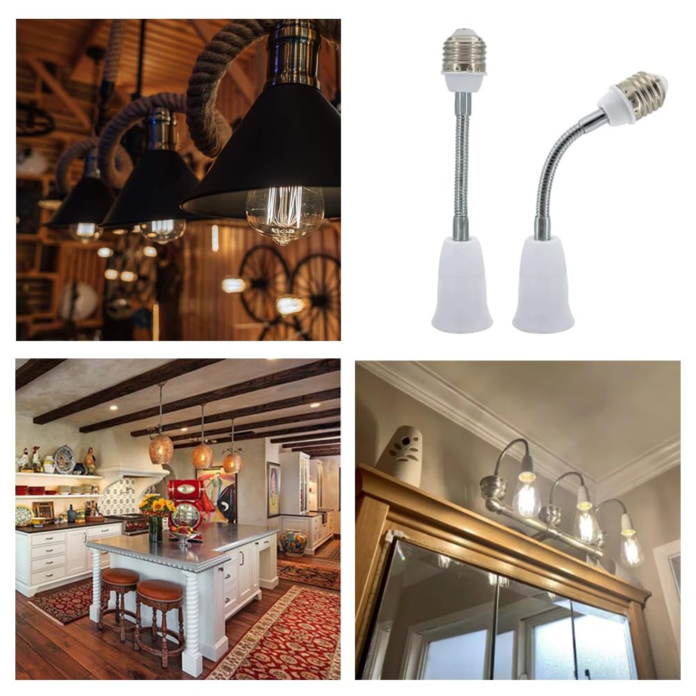 E26/E27 Light Socket Extender Adapter, 30cm/12 inch Light Bulb Extension,E26 to E26 Flexible Extension,360° Bendable Adjustable Standard E26/E27 Bulb Screw Base Extender Adapte,White (2 Pack)