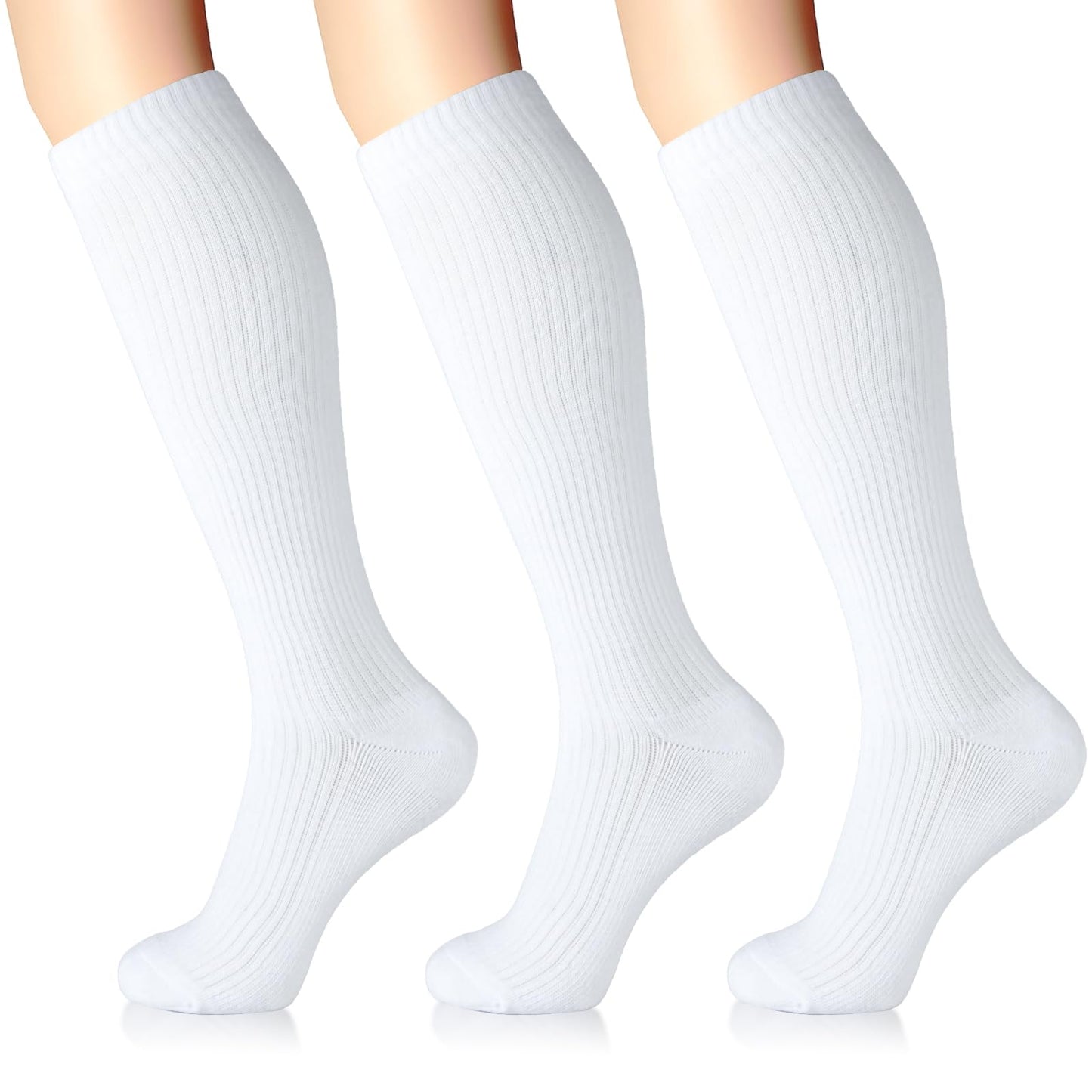 LIN PERFORMANCE Compression Socks for Women and Men 3 Pairs 15-20 mmHg Cotton Knee High Support Socks for Travel Nurses Running Pregnant (White,9-11)