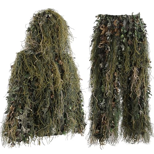 EAmber Youth & Adult Ghillie Suit for Hunting & Camouflage - Green Leafy Forest, Height 5.9-6.3 ft