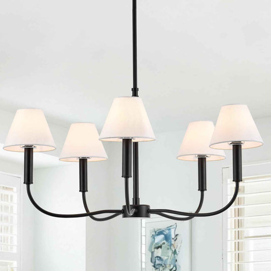 Black Farmhouse Chandeliers with White Fabric Shades, 5-Light Modern Chandelier for Dining Room Light Fixture 30’’ Large Linear Pendant Light Fixture for Kitchen Bedroom Living Room,UL Listed