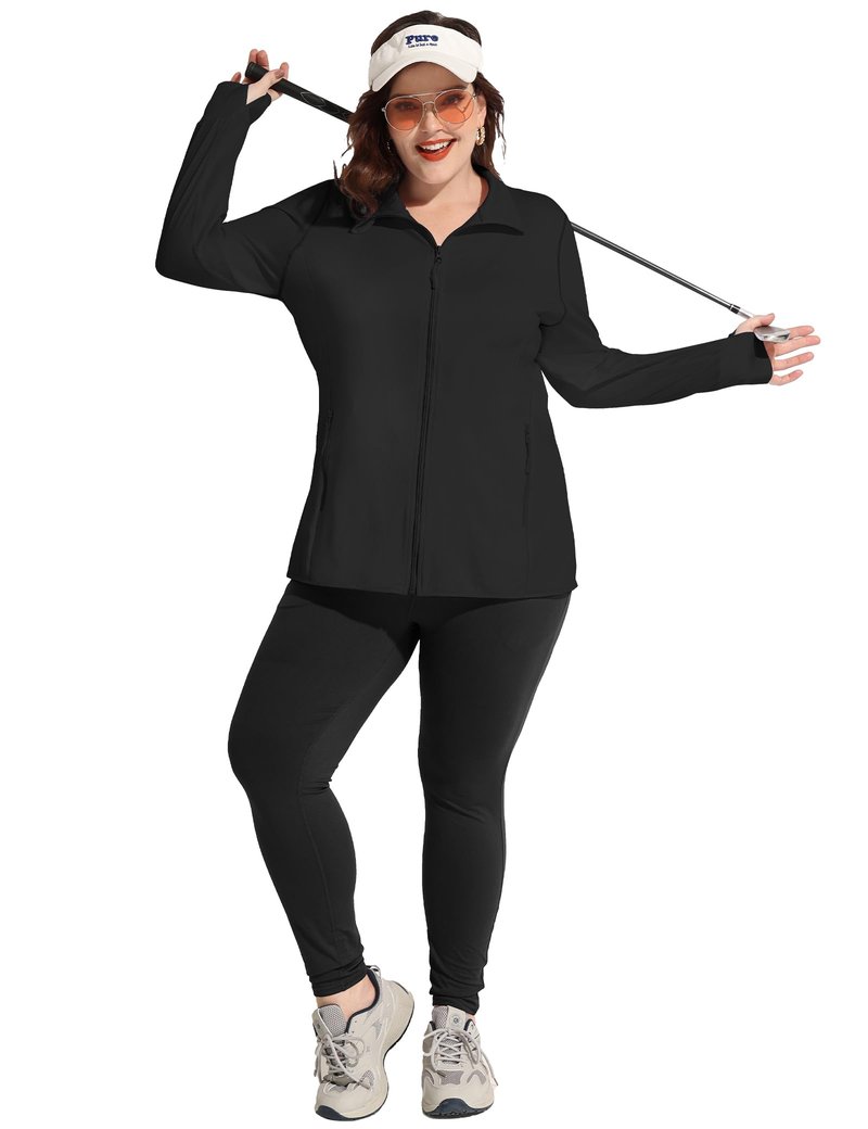COOTRY Women's Plus Size Athletic Jackets Zip Up Lightweight Workout Running Track Jackets with Thumb Holes Black 2XL