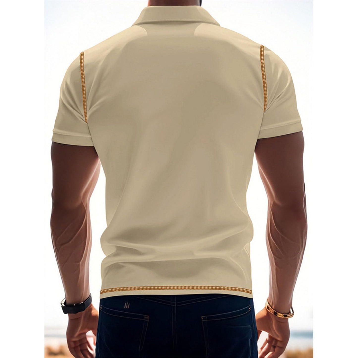 Men's Polo Shirts Button Down Collared Top Short Sleeve V Neck Solid T-Shirt Fitted Comfy Soft Casual Tops Summer Tees Beige