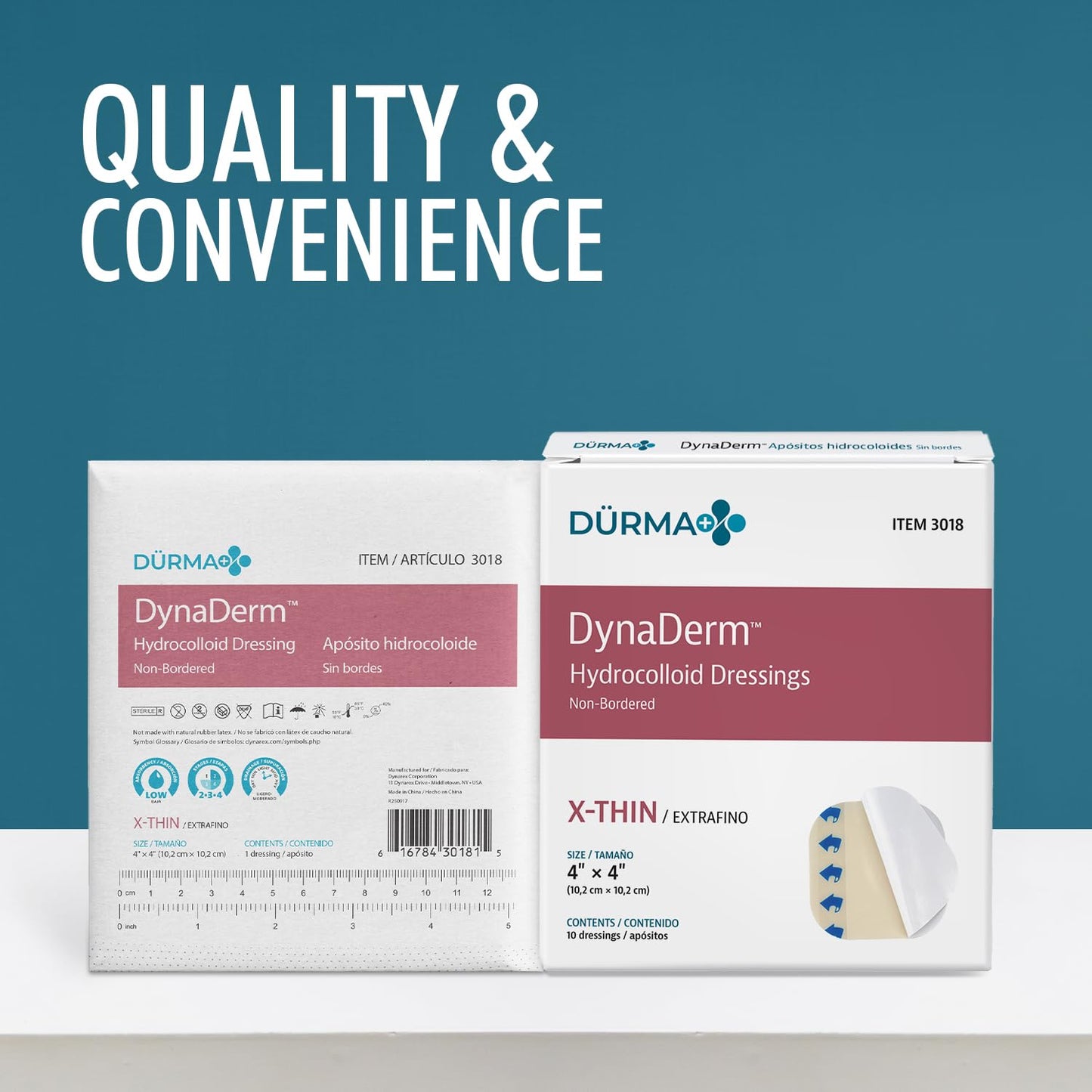 Dynarex Dürma+ DynaDerm™ Hydrocolloid Dressing - Sterile Non-Bordered Wound Patch - Water-Resistant - Flexible Protection - X-Thin - 4" x 4" - 10 per Box, 12 Boxes per Case