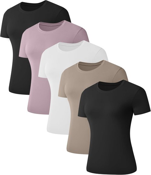 Kinglaman Women's Slim Fit Short Sleeve T-Shirts - Casual Crew Neck Summer Tops | 5 Pack