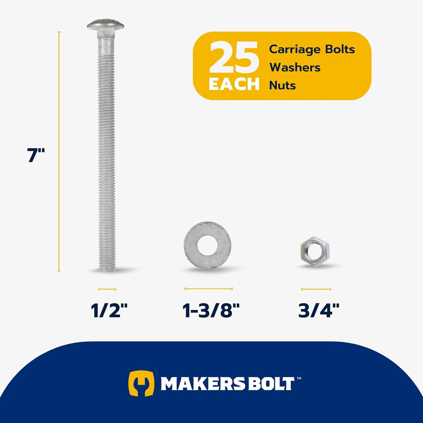 Galvanized Carriage Bolt Kit - 25 Pack 1/2" x 6" with Washers & Hex Nuts for Outdoor Use