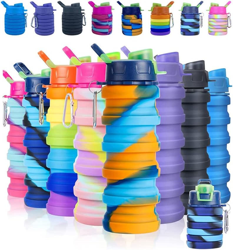 Skiennix Collapsible Water Bottles - 2 Pack Silicone Design with Carabiner | 500ml Portable for Travel & Camping (Black & Blue)