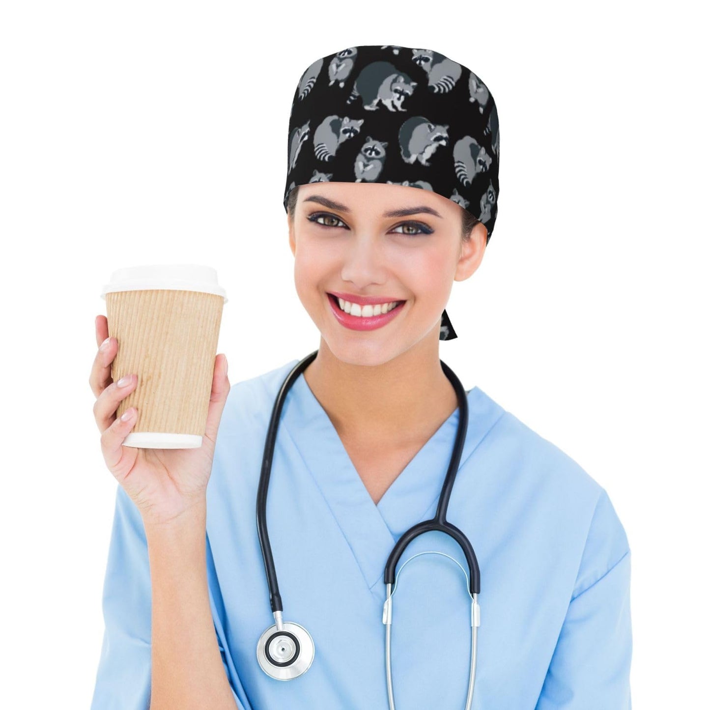 Funny Cute Racoon Raccoon Working Cap Scrub Cap with Sweatband Adjustable Unisex Women Tie Back Hat Nurse Surgical Caps