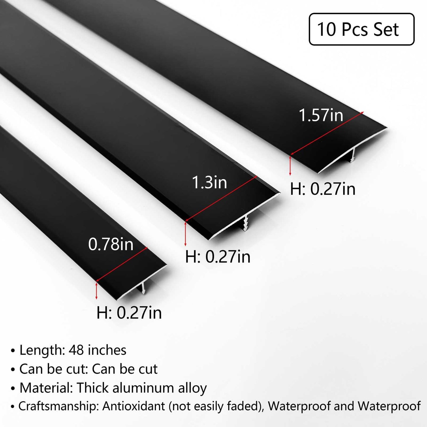 10Pcs Aluminum T Molding Floor Transition Strip, 48In Aluminum T Molding Trim, Floor Strip Floor Flat Divider Strip for Joining Floor Gaps, Threshold, Floor Tiles (Black, 4ft x 0.78in 10Pcs)