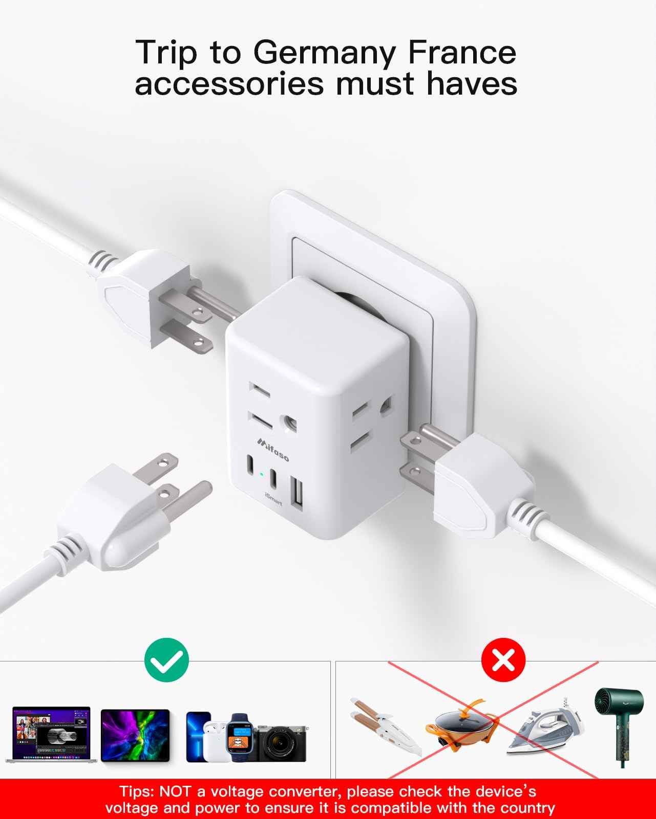 France Power Adapter, Portugal Adapter Plug, Germany Plug Adapter, Type E F European Travel Plug Adapter with 3 Outlets 3 USB Charging Ports(2 USB C), Travel Essentials to Most Europe EU