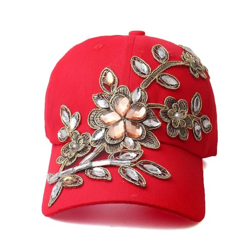 Gudessly Bling Women Baseball Cap Flower Snapback Rhinestone Sun Hats Adjustable Denim Jeans Hat (CQ-Bright red)