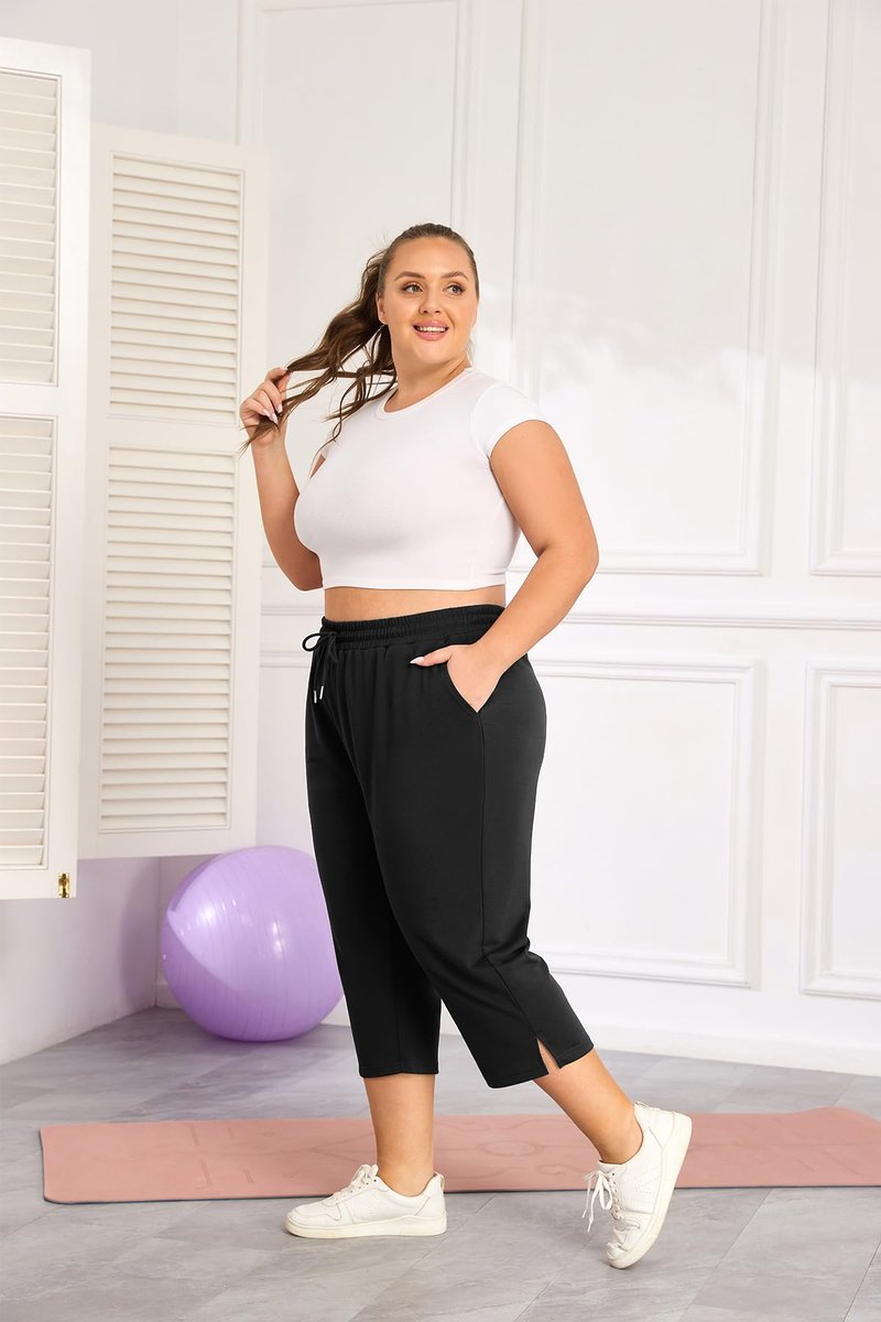 ForHailey Plus Size Capri Pants for Women Wide Leg Loose Yoga Pants with Pockets Casual Drawstring Activewear Sweatpants Black XX-Large