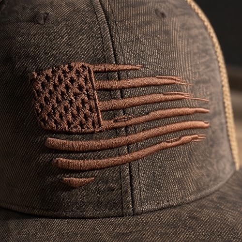 ARIAT Men's Brown Snapback Baseball Cap with Distressed USA Flag - One Size