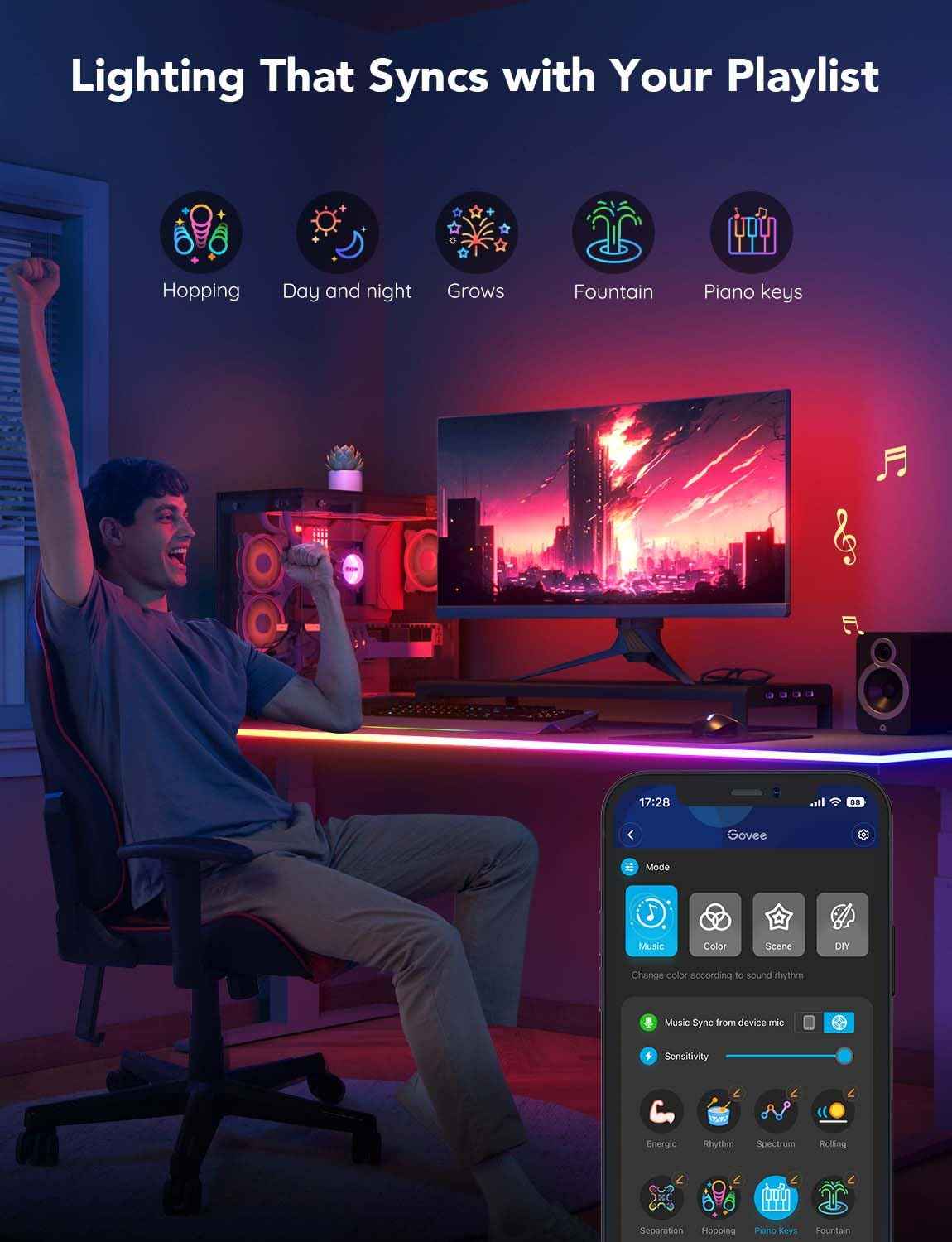 Govee RGBIC Gaming Lights, 10ft Neon Rope Lights Soft Lighting for Gaming Desks, LED Strip Lights Syncing with Razer Chroma, Support Cutting, Smart App Control, Music Sync, Adapter (Only 2.4G Wi-Fi)