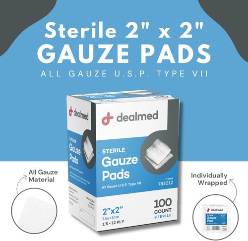Dealmed Sterile Gauze Pads - 2" x 2" Disposable Medical Wound Care (100 Count, Case of 24)