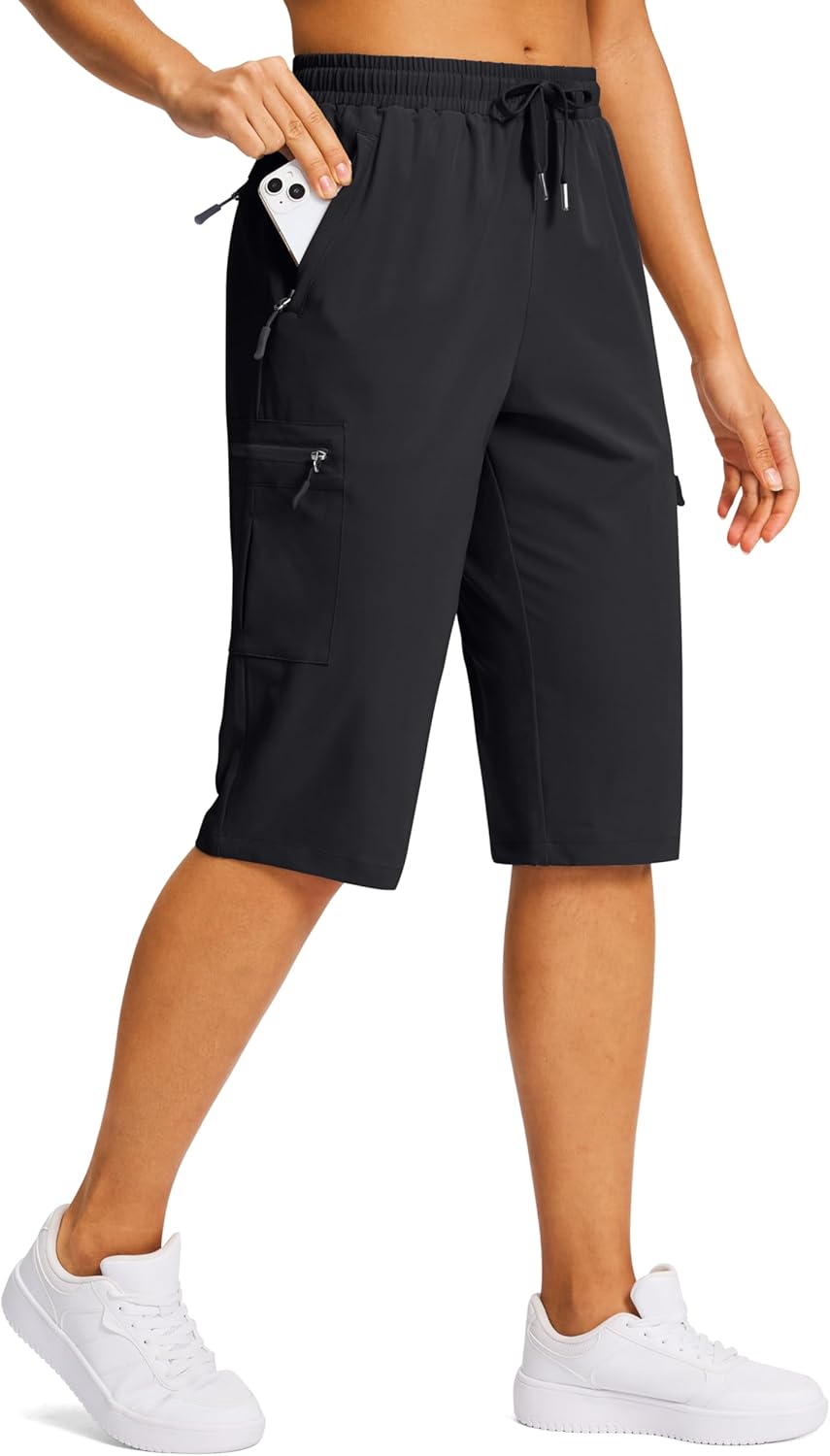 SANTINY Women's Hiking Cargo Bermuda Shorts - Lightweight, Quick-Dry, 15" with 5 Zipper Pockets