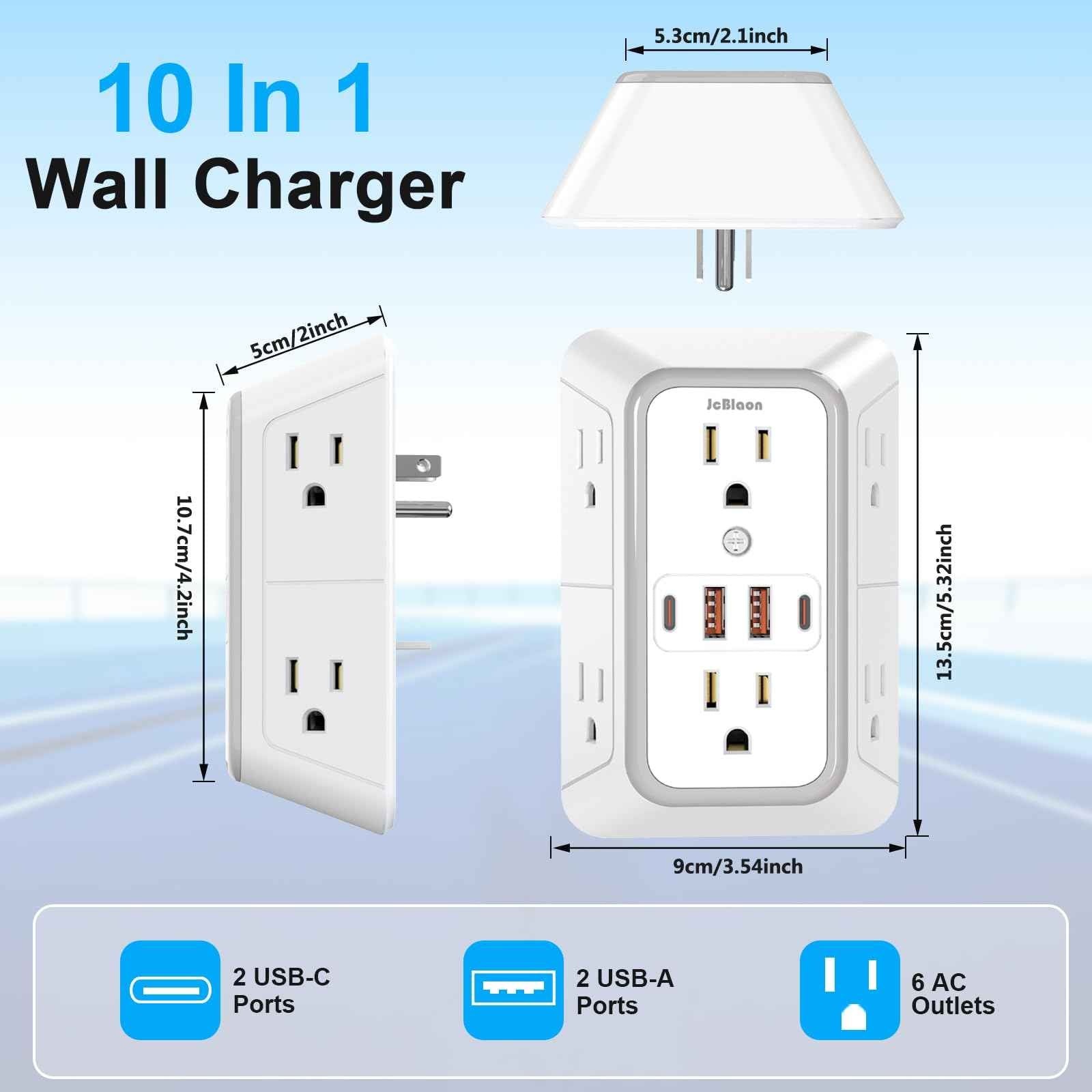 2 Pack Wall Charger, Surge Protector 6 Outlet Extender Multi Plug Wall Outlets with 4 USB Charging Ports (2 USB C Outlet) 3 Sided 1050J Power Strip Wall Adapter Spaced for Home Travel Office