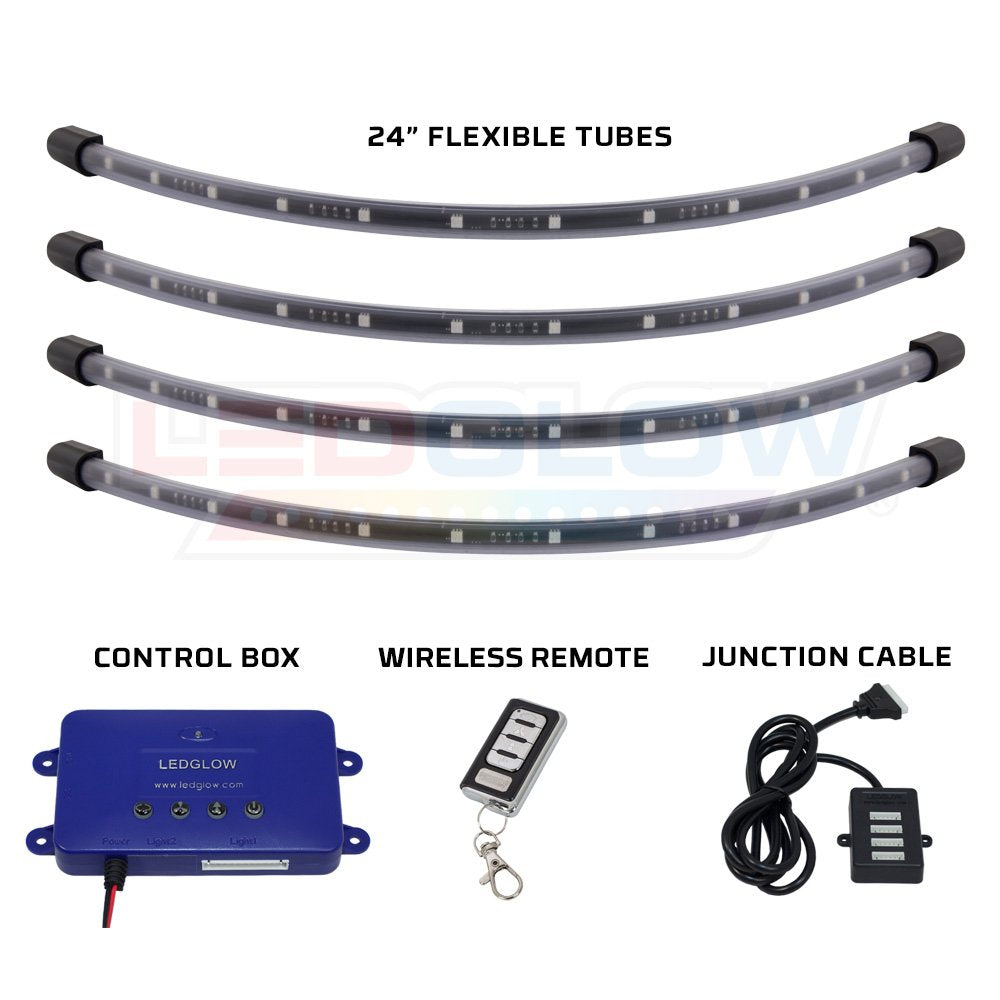 LEDGlow 4pc Standard Million Color LED Golf Cart Underglow Underbody Neon Lighting Kit Fits EZGO, Yamaha, Club Car, ICON, Evolution, Tomblerin, Star EV - Flexible Tubes - Previous Generation Model
