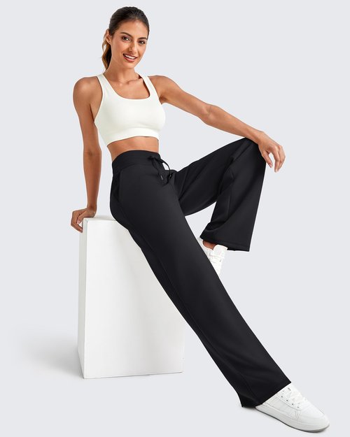 G4Free Wide Leg Pants for Woman Drawstring Pull on High Waist Casual Lounge Workout Gym Track Pants with Pockets(Black,M,Tall)