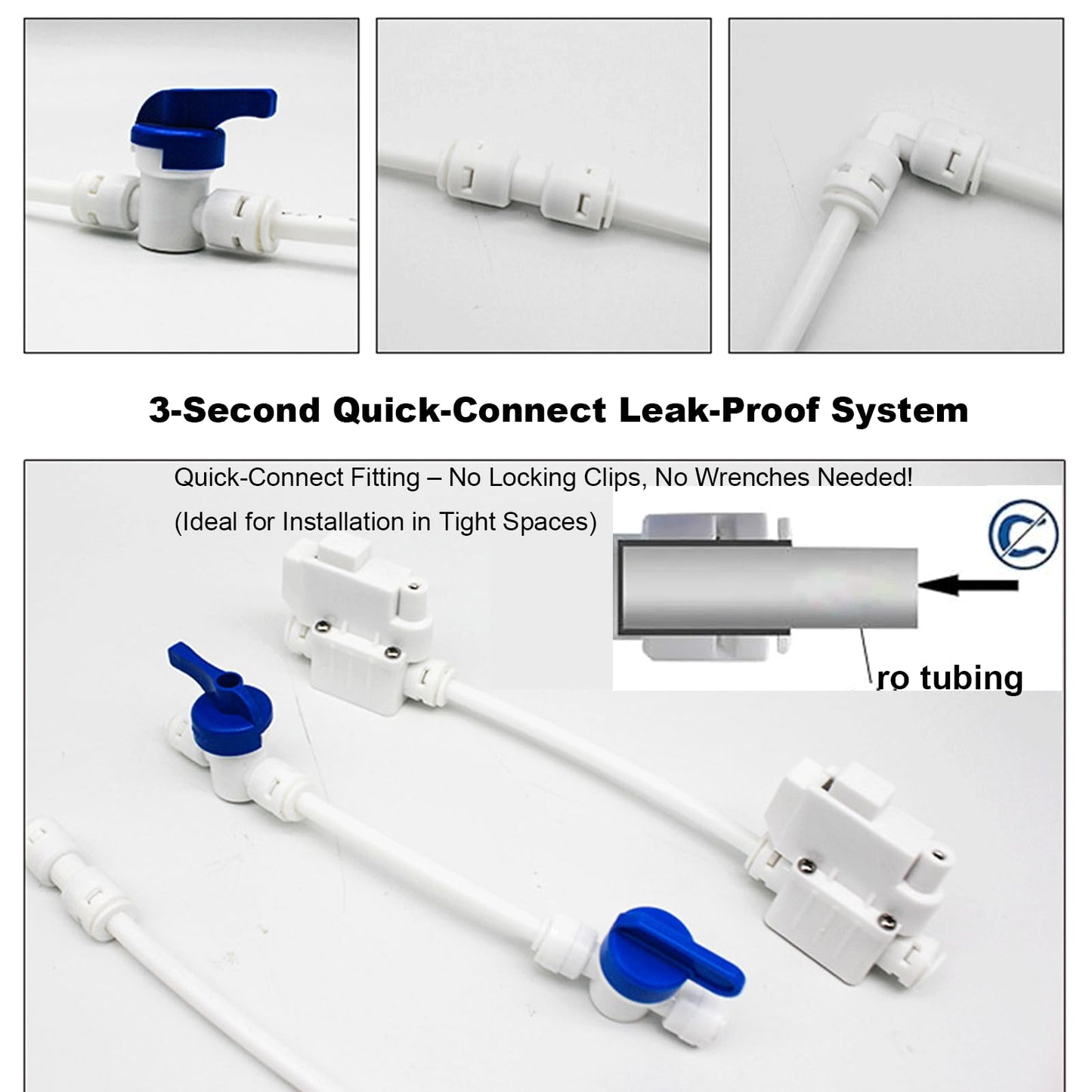 32ft RO Tubing Kit (20-Piece): 1/4" O.D. RO Water Line + Quick Connect Fittings (Valves, Elbow/Tee Couplings, Clip, Tool) for Water Purifier/Refrigerator System
