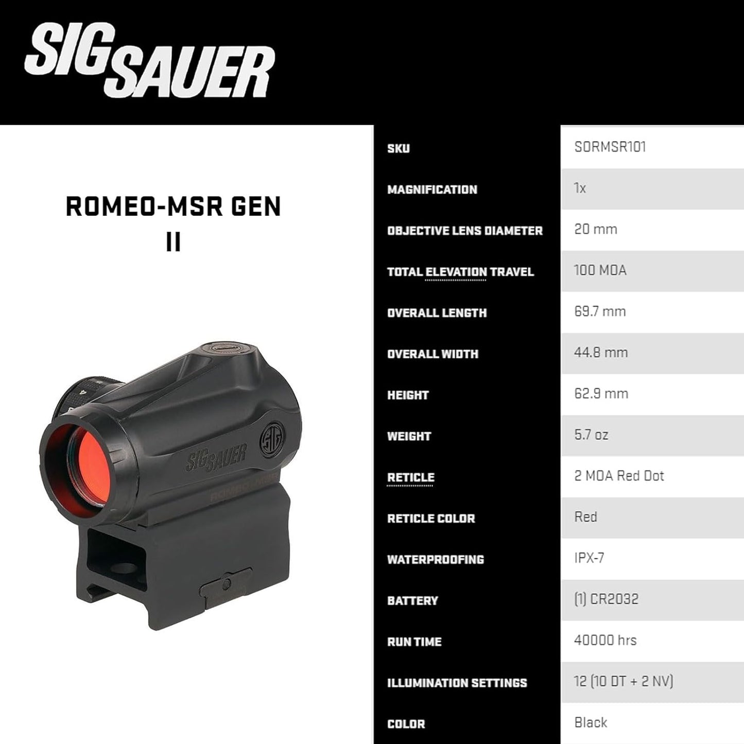 SIG SAUER Romeo-MSR GEN II Dot Sight - 2 MOA Waterproof & Fog-Proof 1x 20mm with 12 Illumination Settings