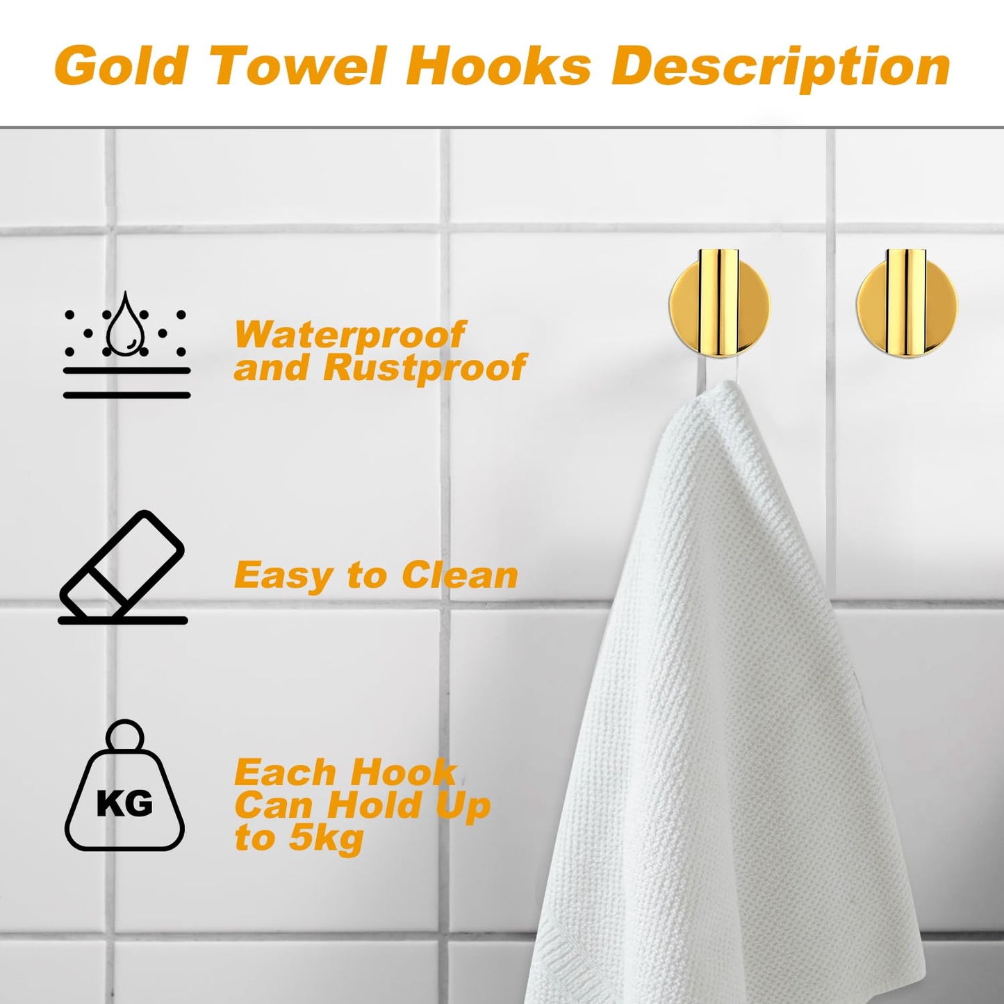 Bathroom Robe Towel Hooks Wall Hook Holder Heavy Duty Door Hanger Towel Robe Clothes Cabinet Closet Sponges Hook for Bathroom Bedroom Kitchen Hotel Pool 4 Packs(Bright Gold)